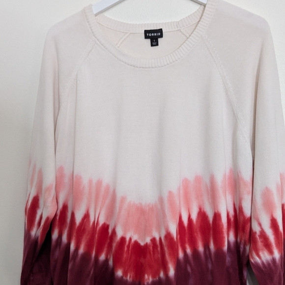 Torrid Sweater Slub Pullover Raglan Size 1 White Red Tie Dye Cotton 1X - Picture 5 of 9
